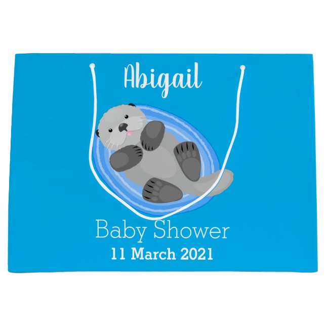 Cute happy sea otter blue cartoon illustration large gift bag (Front)