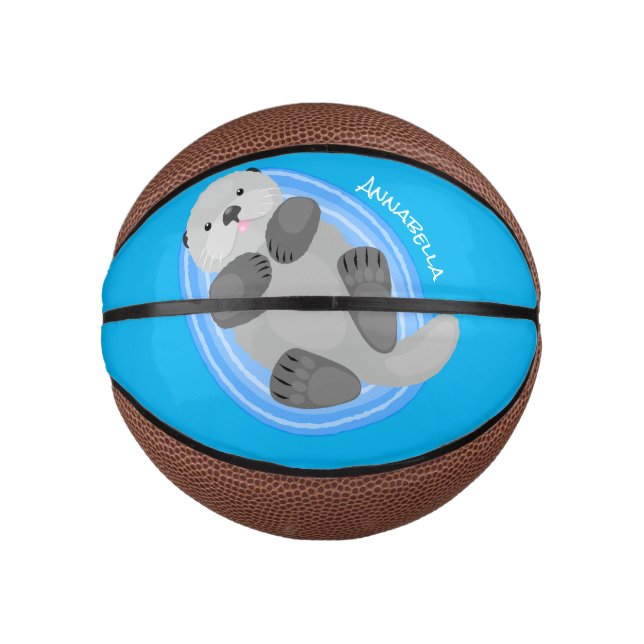 Cute happy sea otter blue cartoon illustration mini basketball (Front)