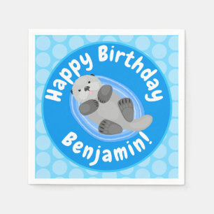 Cute happy sea otter blue cartoon illustration napkin