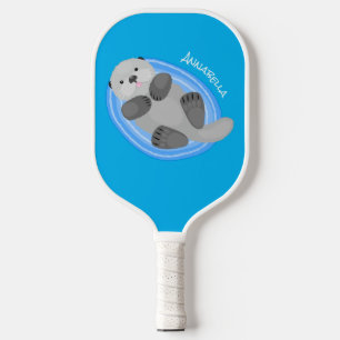 Cute happy sea otter blue cartoon illustration pickleball paddle