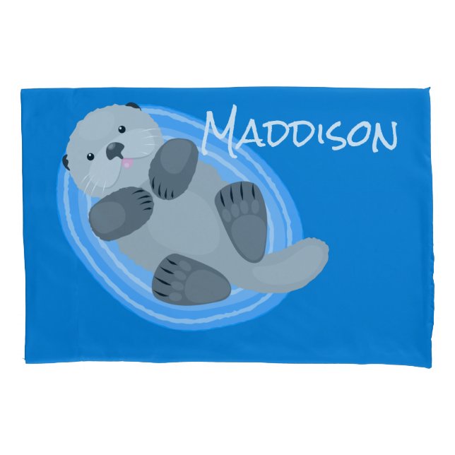 Cute happy sea otter blue cartoon illustration pillowcase (Front)