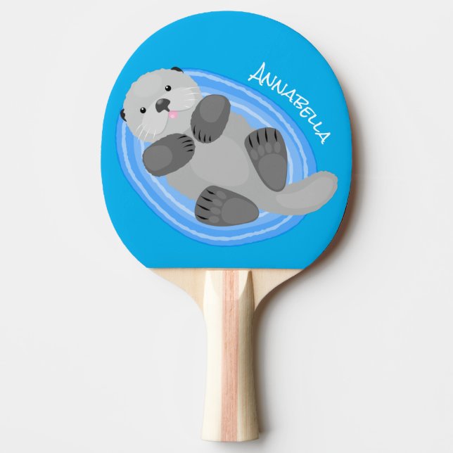 Cute happy sea otter blue cartoon illustration ping pong paddle (Front)