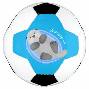Cute happy sea otter blue cartoon illustration soccer ball