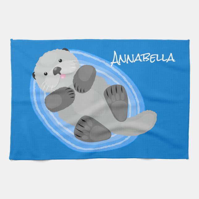 Cute happy sea otter blue cartoon illustration tea towel (Horizontal)