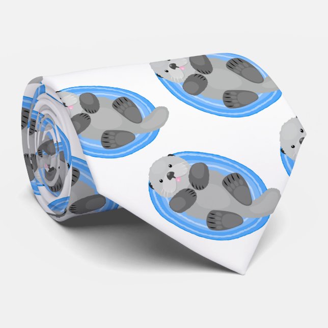 Cute happy sea otter blue cartoon illustration tie (Rolled)