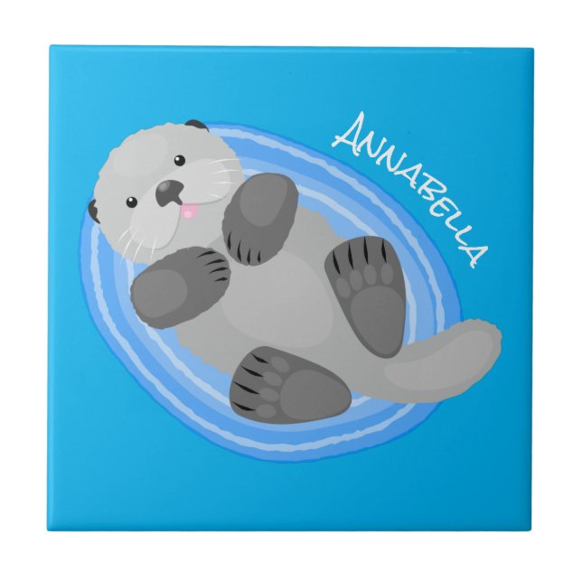 Cute happy sea otter blue cartoon illustration tile (Front)