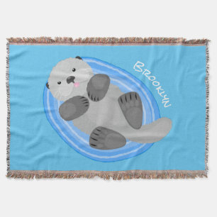 Cute happy sea otter cartoon illustration throw blanket