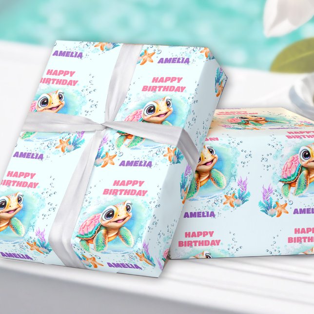 Cute Happy Sea Turtle Colourful Name 1st Birthday  Wrapping Paper (Cute Happy Sea Turtle Colorful Name 1st Birthday Wrapping Paper)