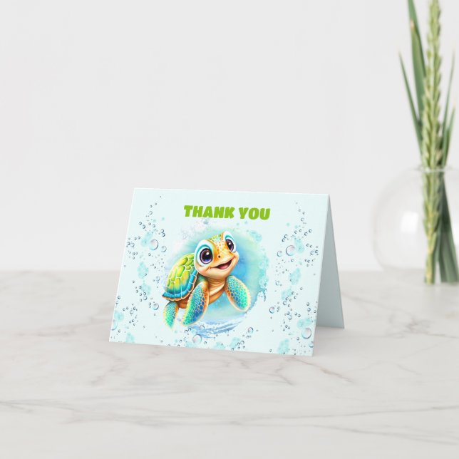 Cute Happy Sea Turtle Little Boy 1st Birthday Thank You Card (Front)
