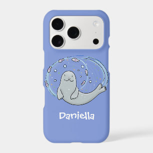 Cute happy seal and fish blue cartoon illustration