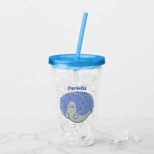Cute happy seal and fish blue cartoon illustration acrylic tumbler