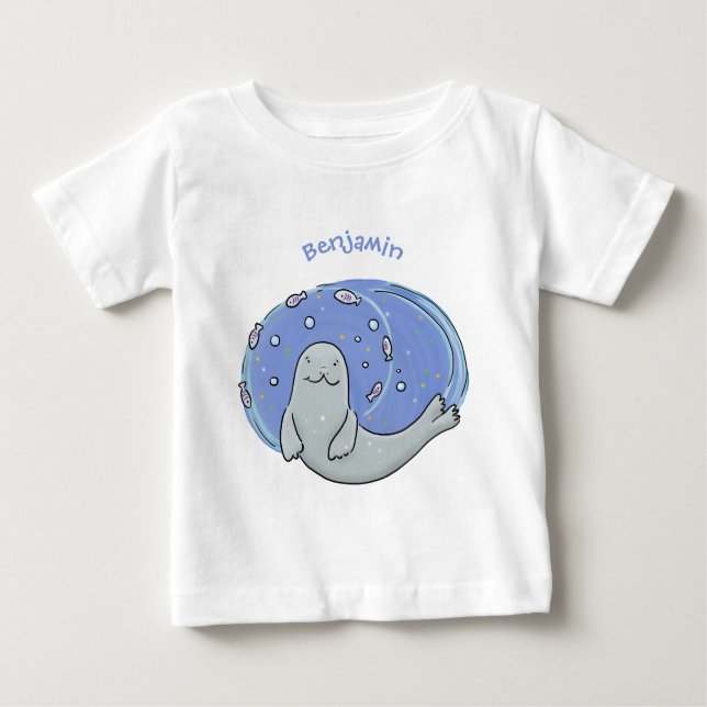 Cute happy seal and fish blue cartoon illustration baby T-Shirt (Front)