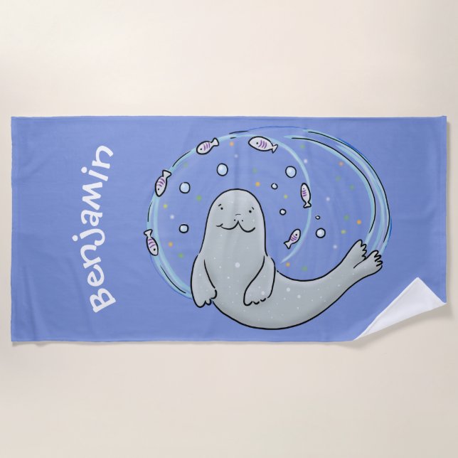Cute happy seal and fish blue cartoon illustration beach towel (Front)