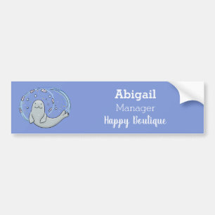 Cute happy seal and fish blue cartoon illustration bumper sticker