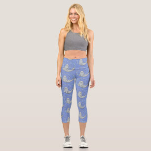 Cute happy seal and fish blue cartoon illustration capri leggings