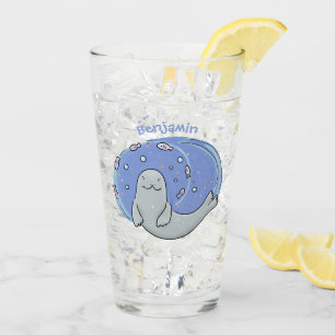 Cute happy seal and fish blue cartoon illustration glass