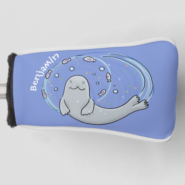 Cute happy seal and fish blue cartoon illustration golf head cover (Front)