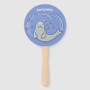 Cute happy seal and fish blue cartoon illustration hand fan