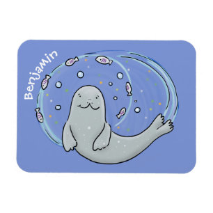 Cute happy seal and fish blue cartoon illustration magnet