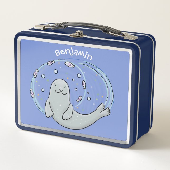 Cute happy seal and fish blue cartoon illustration metal lunch box (Front)