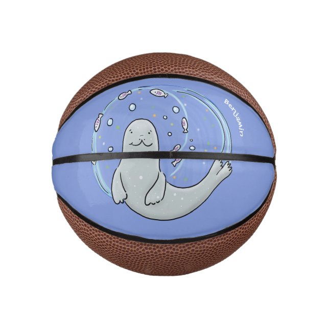 Cute happy seal and fish blue cartoon illustration mini basketball (Front)