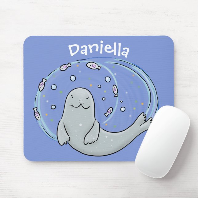 Cute happy seal and fish blue cartoon illustration mouse pad (With Mouse)