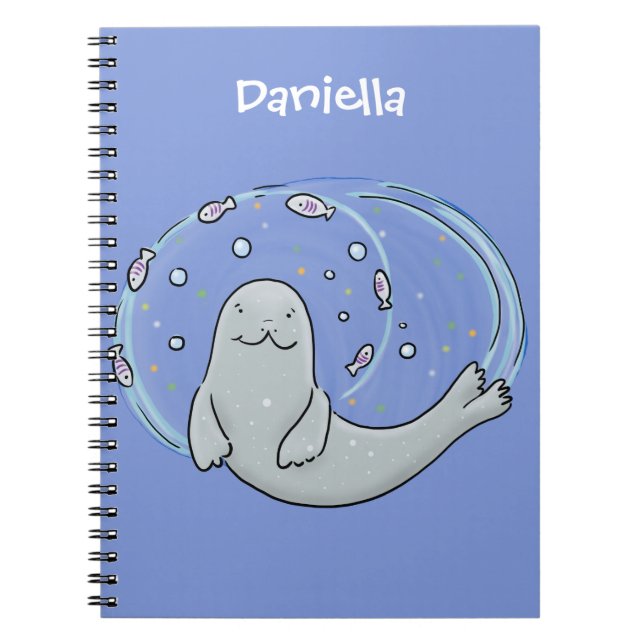 Cute happy seal and fish blue cartoon illustration notebook (Front)