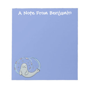 Cute happy seal and fish blue cartoon illustration notepad
