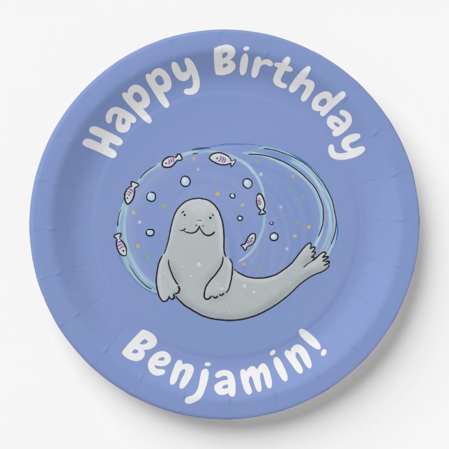 Cute happy seal and fish blue cartoon illustration paper plate (Front)