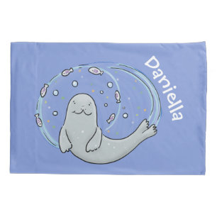 Cute happy seal and fish blue cartoon illustration pillowcase