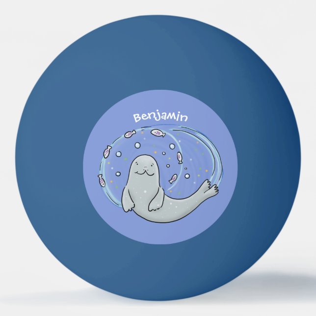 Cute happy seal and fish blue cartoon illustration ping pong ball (Front)