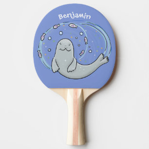 Cute happy seal and fish blue cartoon illustration ping pong paddle