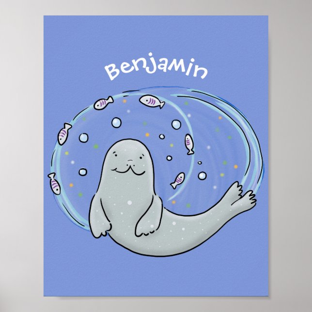 Cute happy seal and fish blue cartoon illustration poster (Front)