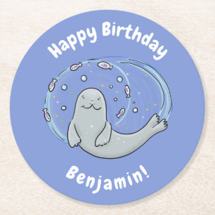 Cute happy seal and fish blue cartoon illustration round paper coaster