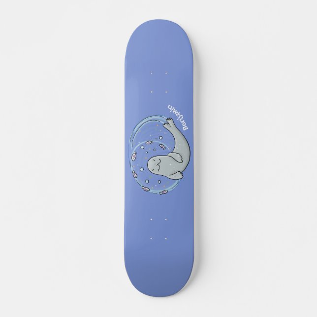 Cute happy seal and fish blue cartoon illustration skateboard (Front)