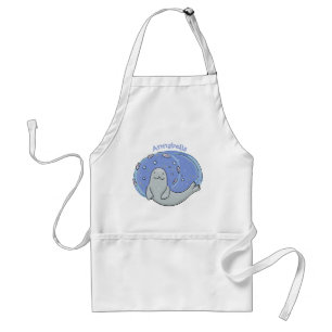 Cute happy seal and fish blue cartoon illustration standard apron