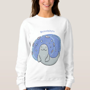 Cute happy seal and fish blue cartoon illustration sweatshirt