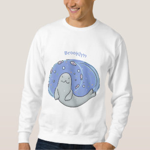 Cute happy seal and fish blue cartoon illustration sweatshirt