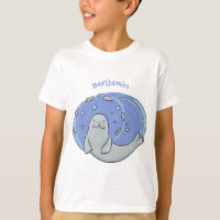 Cute happy seal and fish blue cartoon illustration