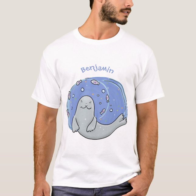 Cute happy seal and fish blue cartoon illustration T-Shirt (Front)