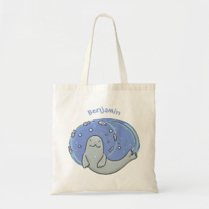 Cute happy seal and fish blue cartoon illustration tote bag