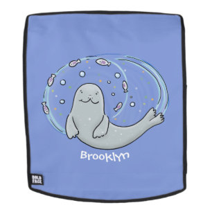 Cute happy seal and fish cartoon illustration backpack