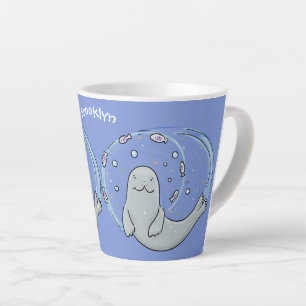 Cute happy seal and fish cartoon illustration latte mug