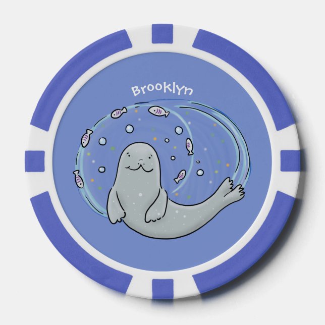 Cute happy seal and fish cartoon illustration poker chips (Front)
