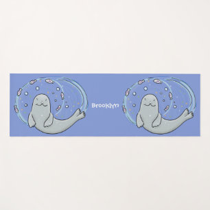 Cute happy seal and fish cartoon illustration yoga mat