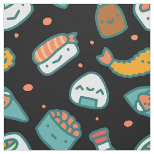 Cute happy seamless sushi pattern on black fabric