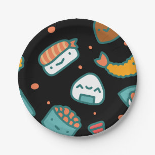 Cute happy seamless sushi pattern on black paper plate