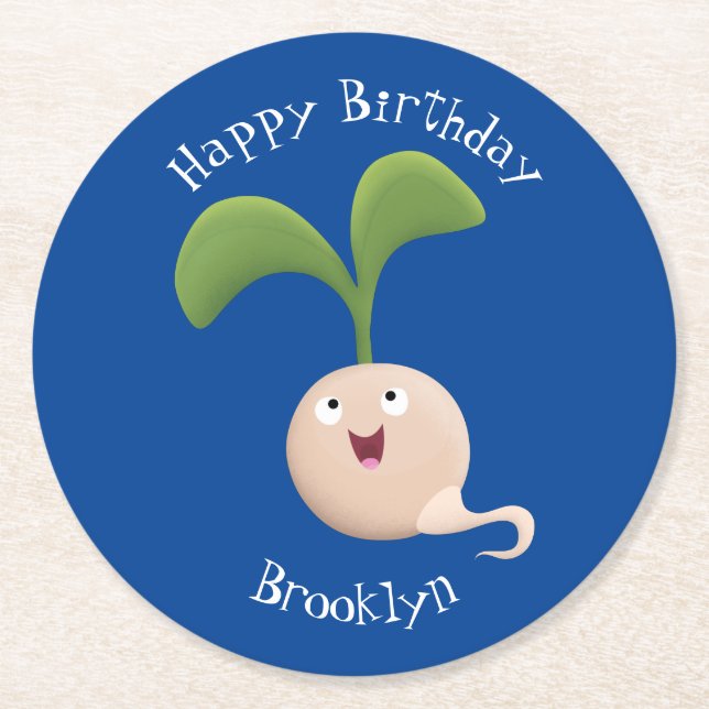 Cute happy seed sprout cartoon illustration round paper coaster (Front)