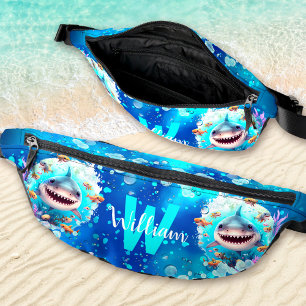 Cute Happy Shark Ocean Blue Summer Vacation Name Bum Bags