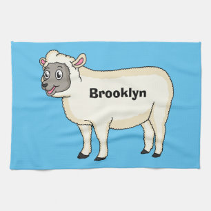 Cute happy sheep cartoon illustration tea towel